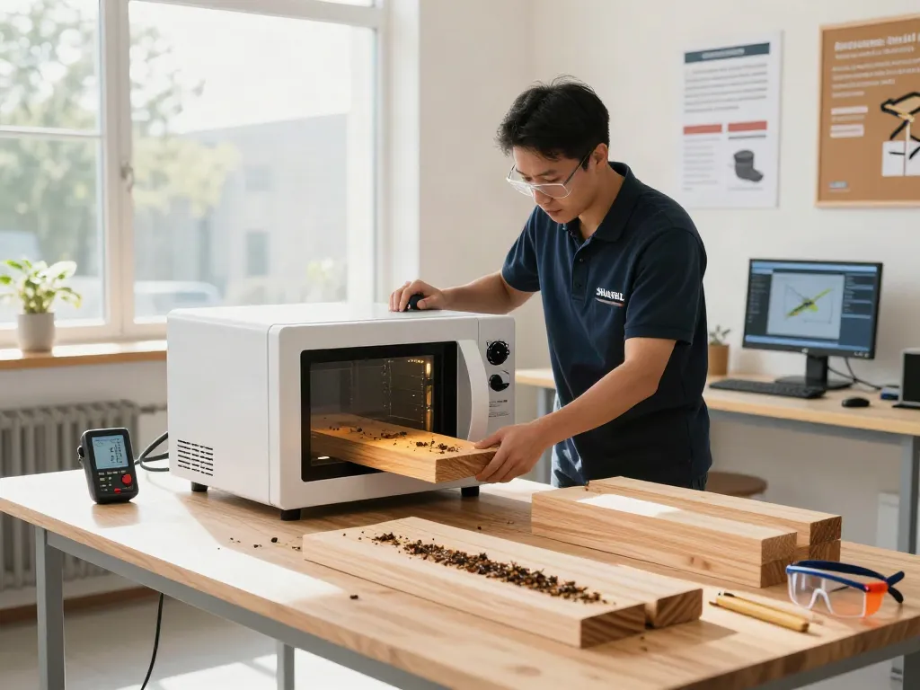 SHASHEL® microwave technology in action for effective wood pest control in a modern workshop.