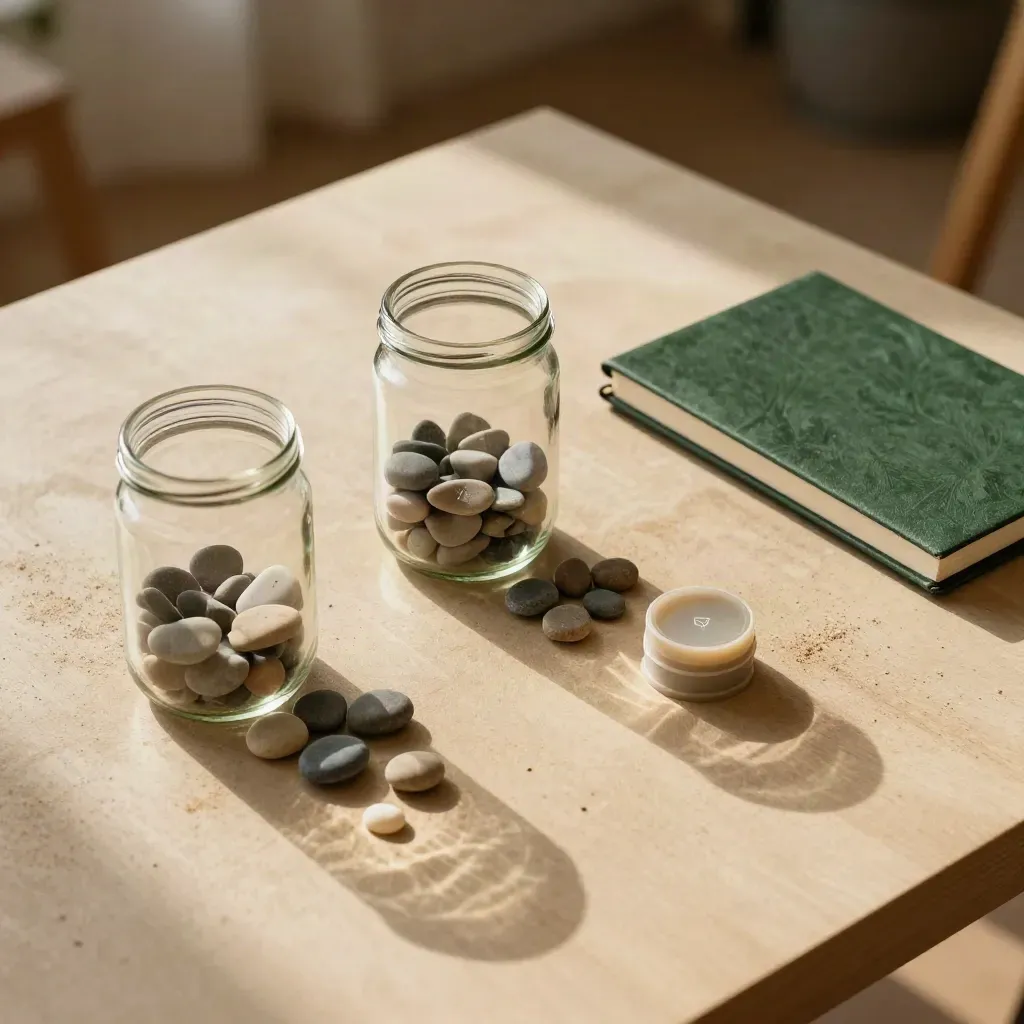 Overhead flat lay of jars, pebble counters and a green notebook on a pale table.
