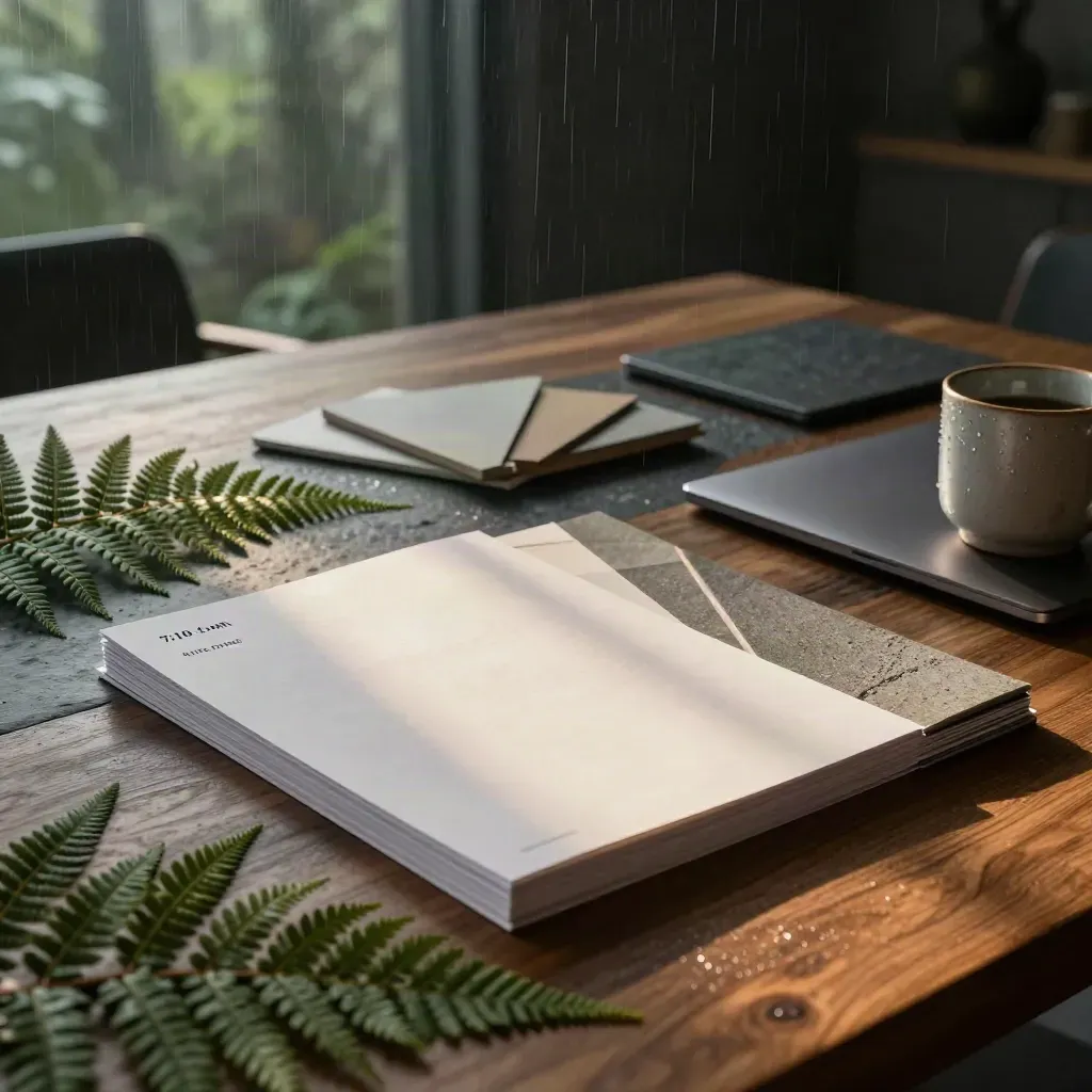 Rainy boardroom table with audit folio, sample deck, fern, stone sample, laptop and mug in dawn haze.
