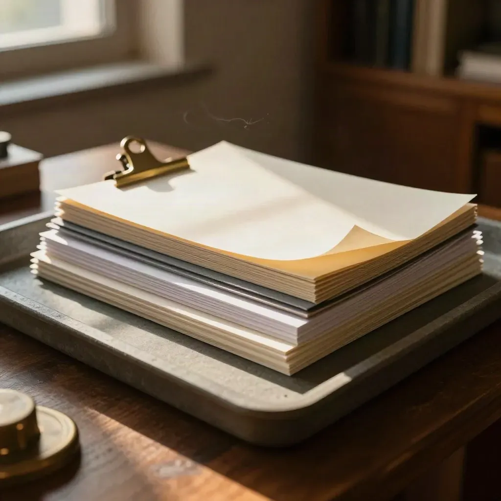 Audit tray with paper swatches and a brass clip on a stone desk in warm window light.