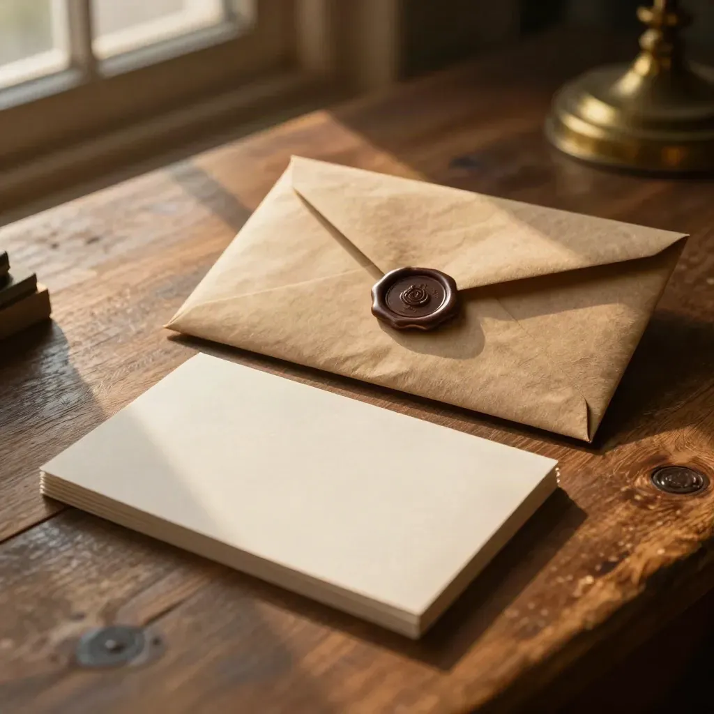 Sealed grant envelope, wax seal, and blank cards on a timber table in sunset light.