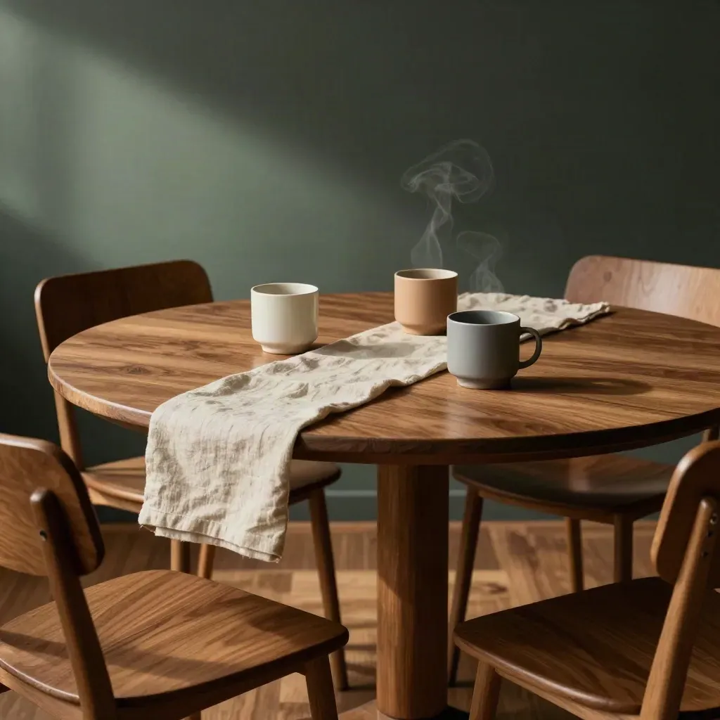 Round walnut meeting table with chairs, linen runner, ceramic tumblers, and tea steam in soft light.