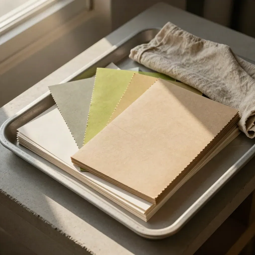 Top-down recycled paper sleeves, dividers, and cloth in a tray on a concrete bench.