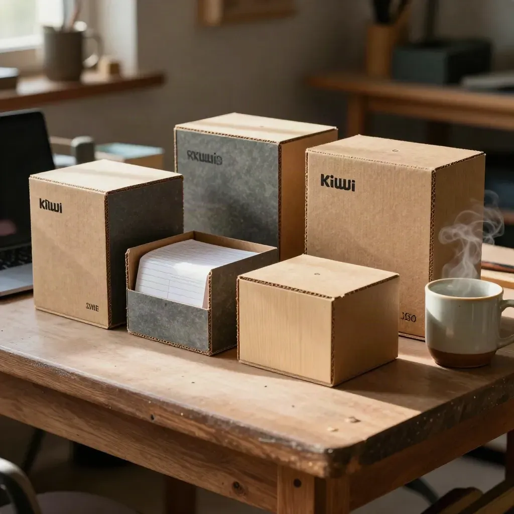 Four planning boxes, closed laptop and steaming mug on a workshop bench.