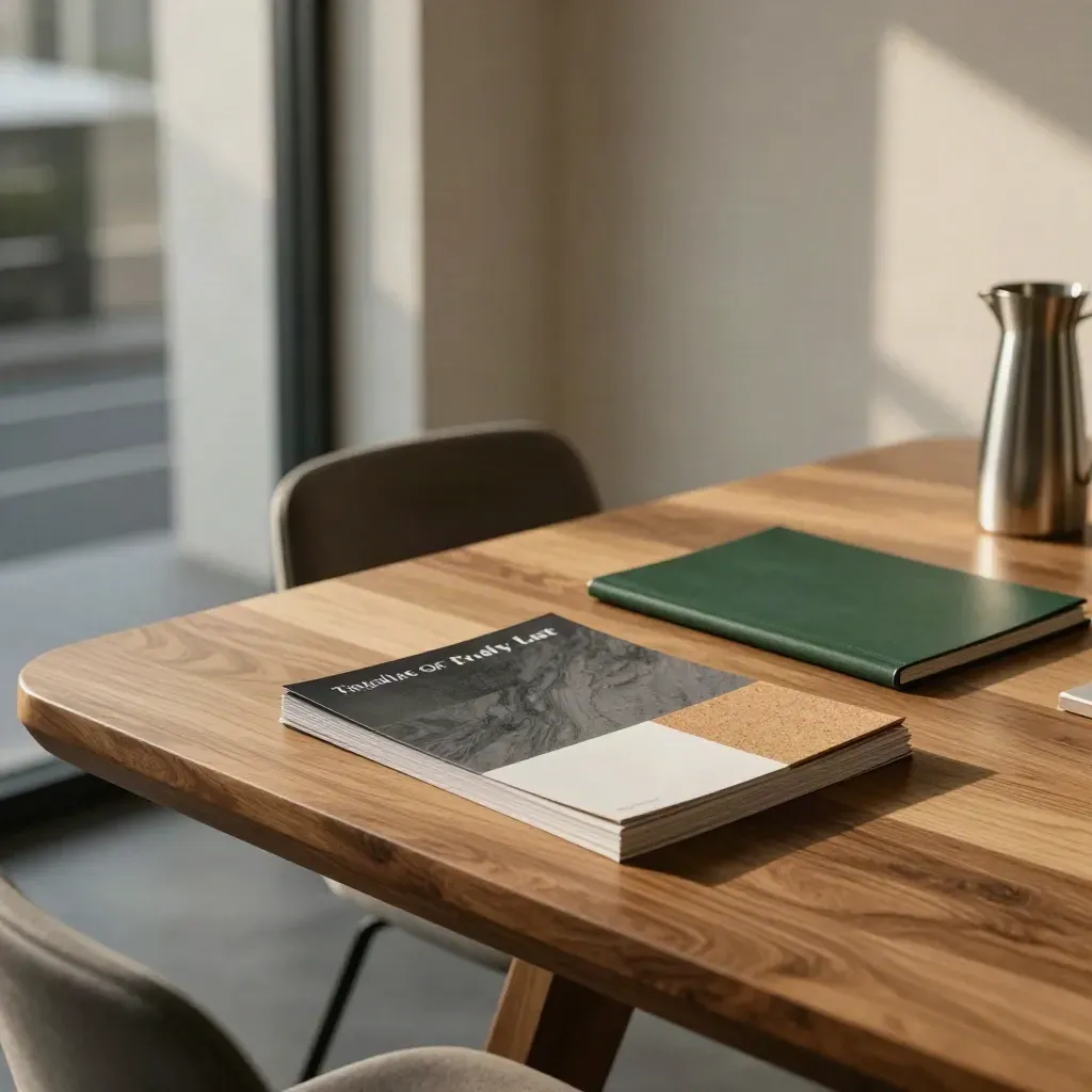 High-angle view of a meeting room table with a closed audit folio and sustainability material samples.