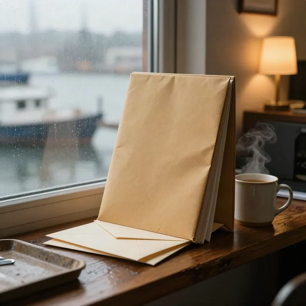 Grant pack, blank envelopes, and mug on a rainy office windowsill