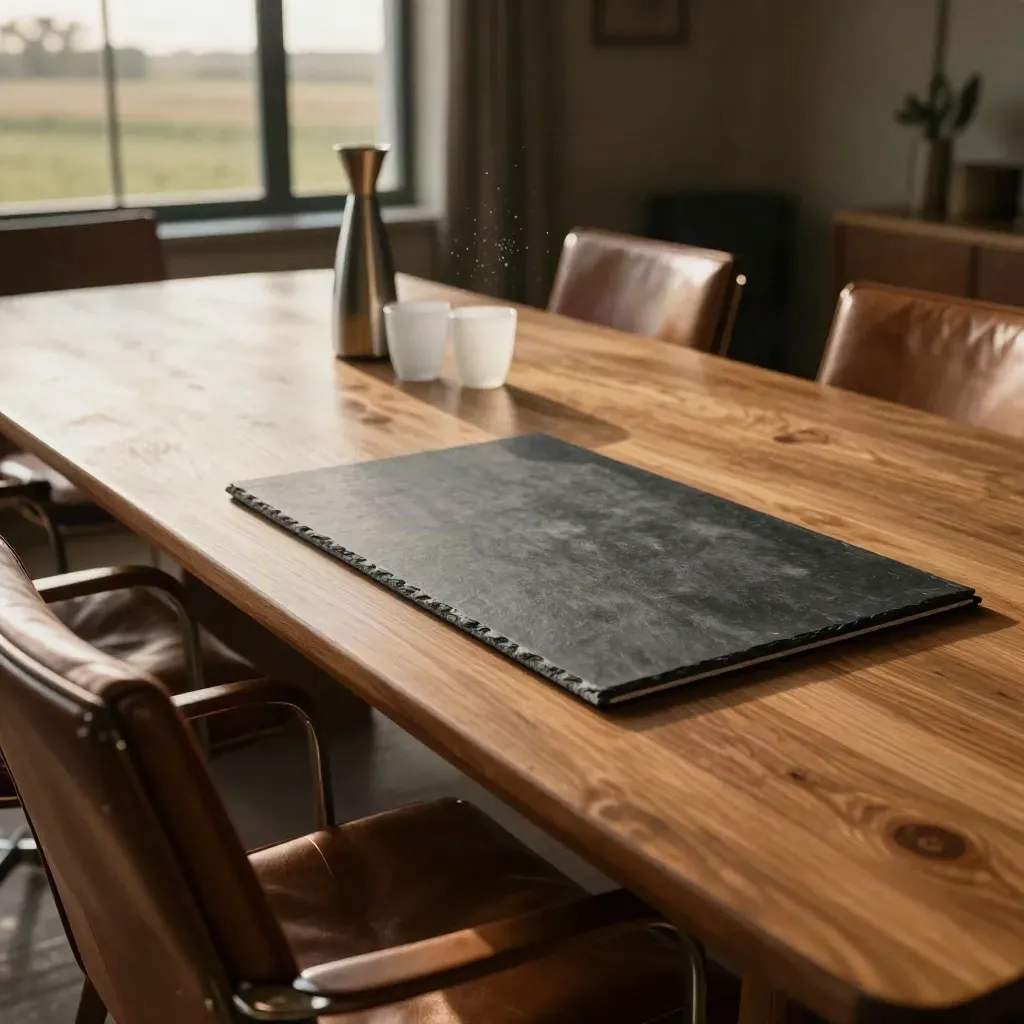 Empty Canterbury boardroom with a slate presentation case and long timber table in dusk light