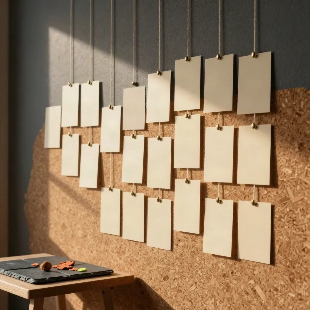 Cork pinboard with string-linked cards and stones assembling a stakeholder map beside a small table.