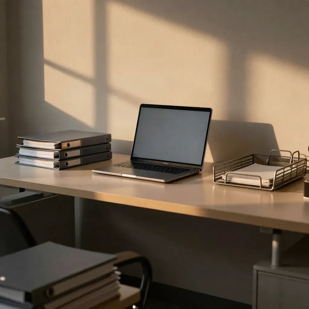 Quiet newsroom desk with closed laptop, stacked binders, and dusk shadows on the wall