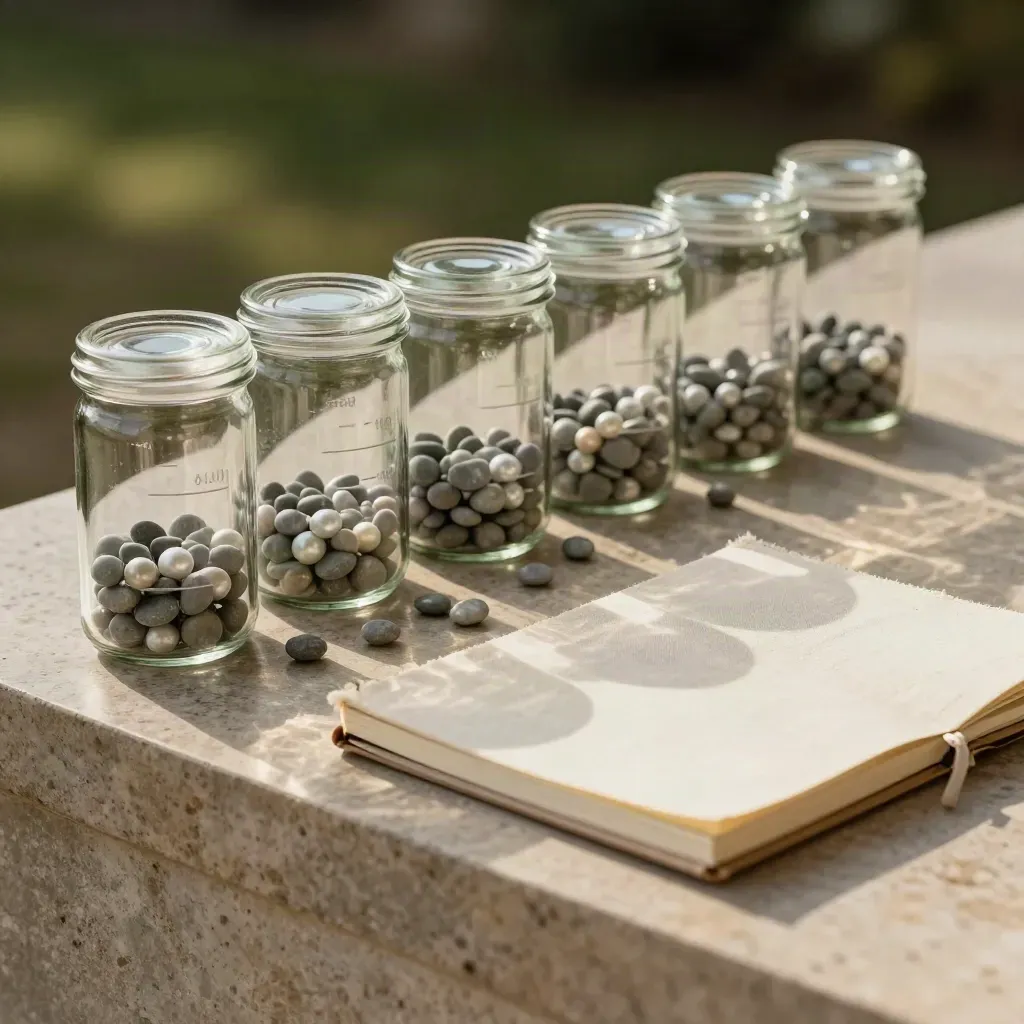 Glass KPI jars, pebble counters, and a face-down notebook on limestone in soft daylight.