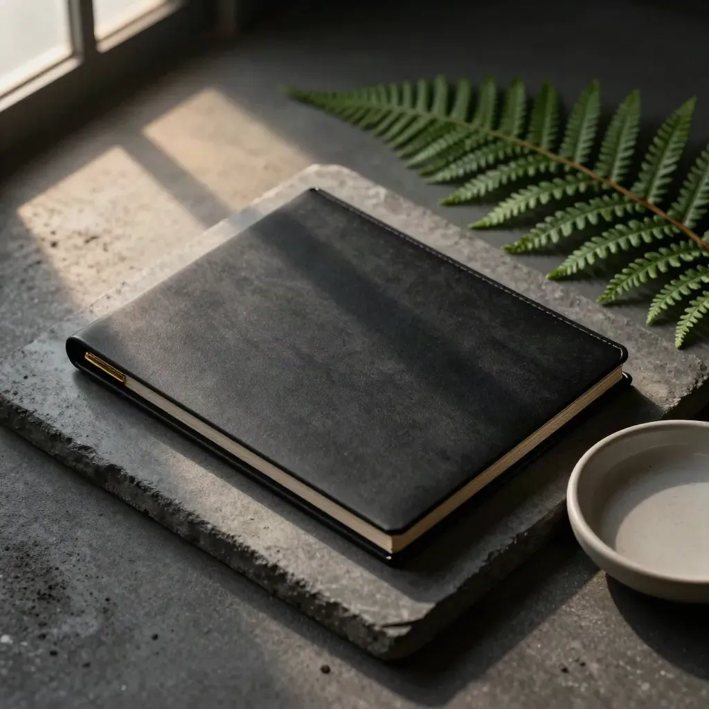 Top-down audit folio with fern frond and ceramic dish on concrete.