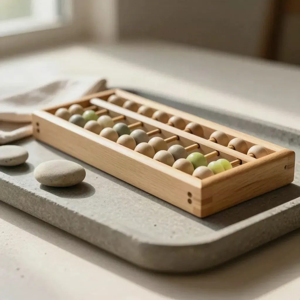 Wooden abacus on stone tray with flax cloth and pebble in soft neutral light.
